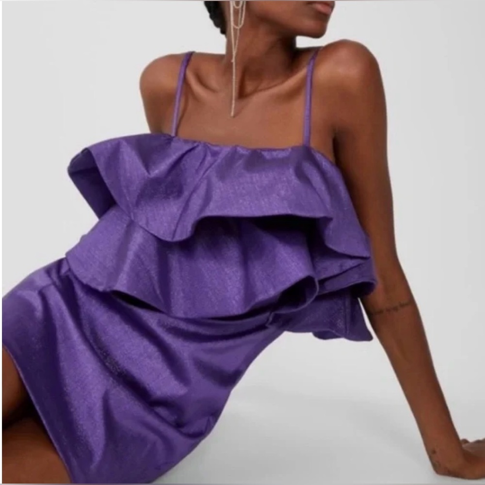 ZARA Ruffled Ruffle Metallic Thread Mini Cocktail Dress in Purple Size Small - Picture 3 of 16